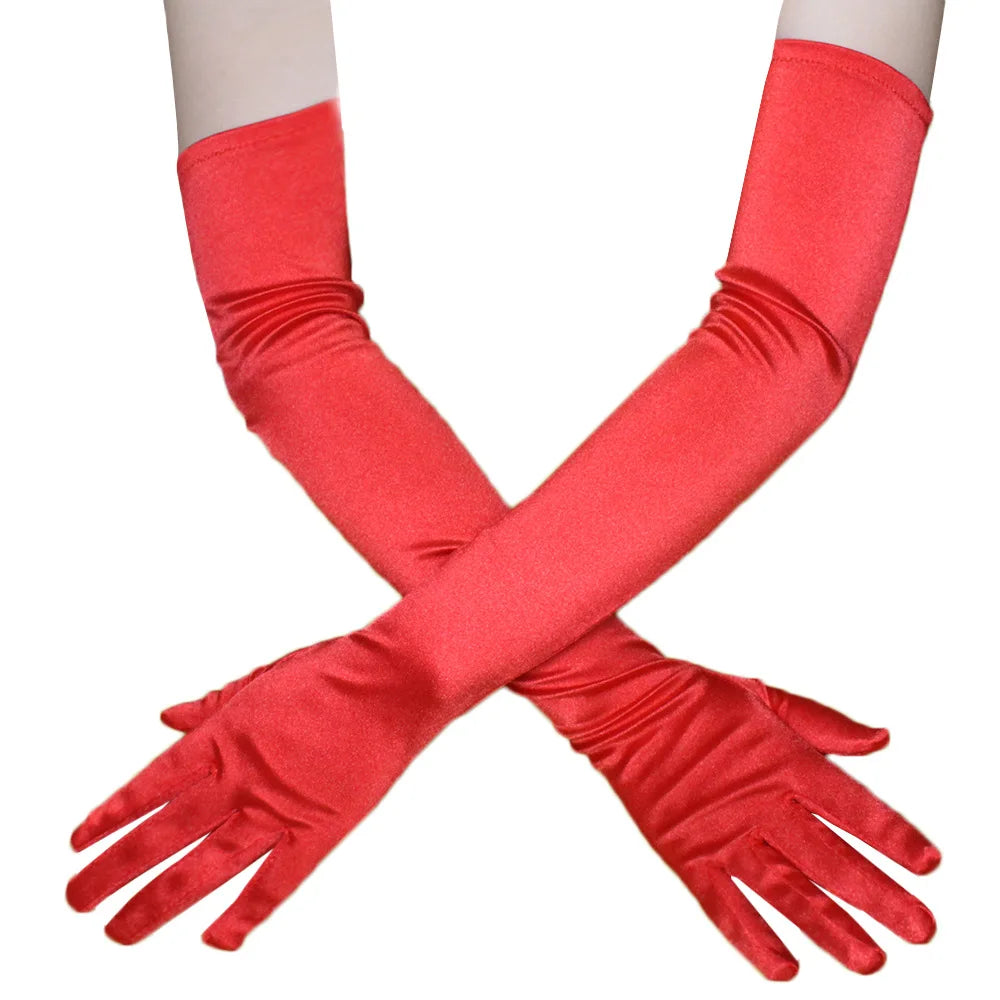 Stretch Satin Opera Gloves — Elbow Length, 53cm | Red, White, Black