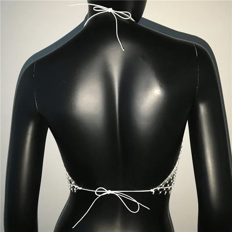 Bling Rhinestone Fishnet Crop Top - Adjustable Bandage Sheer Tank