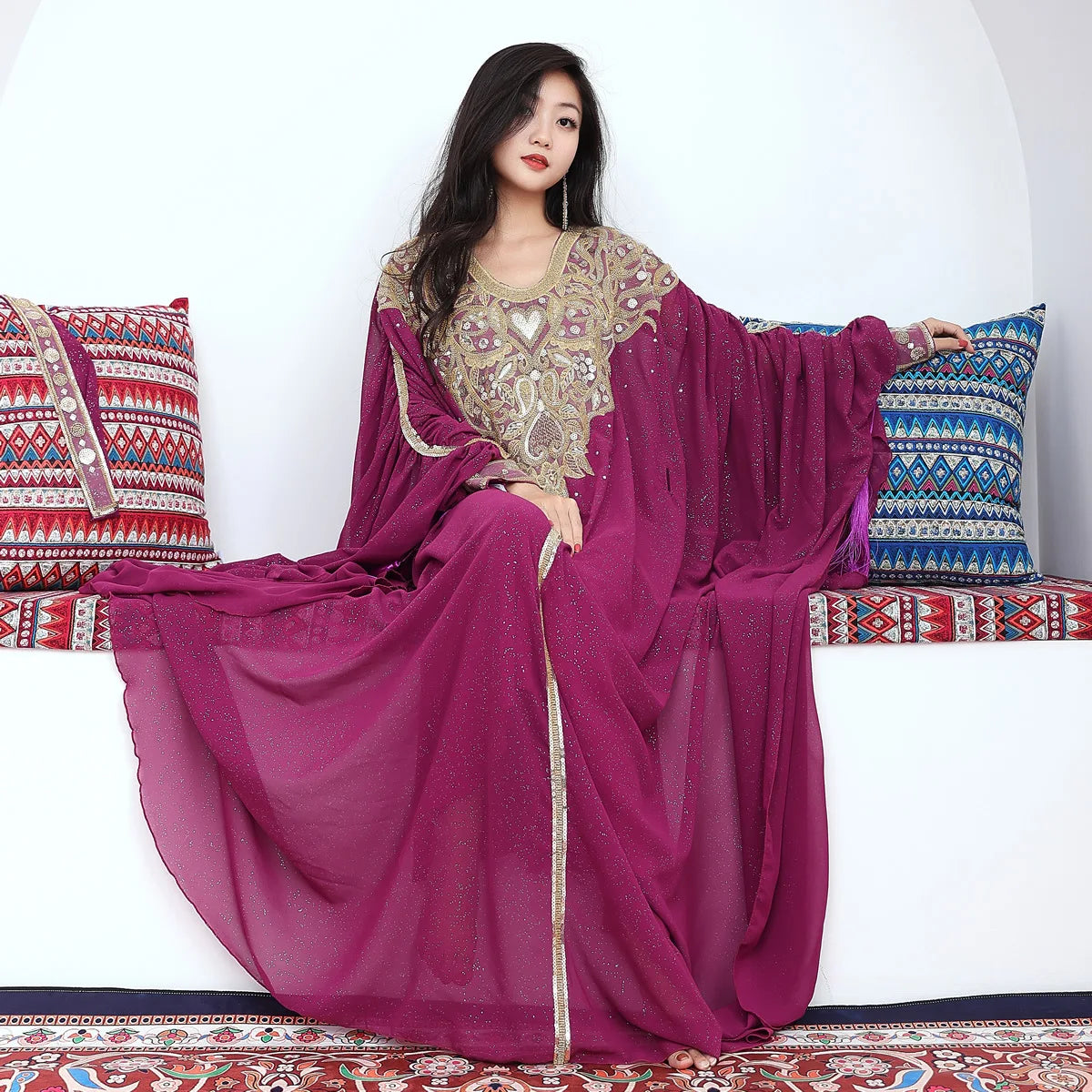 Khaleeji Thobe Belly Dance Costume - Embroidered Sequin Kaftan with Belt