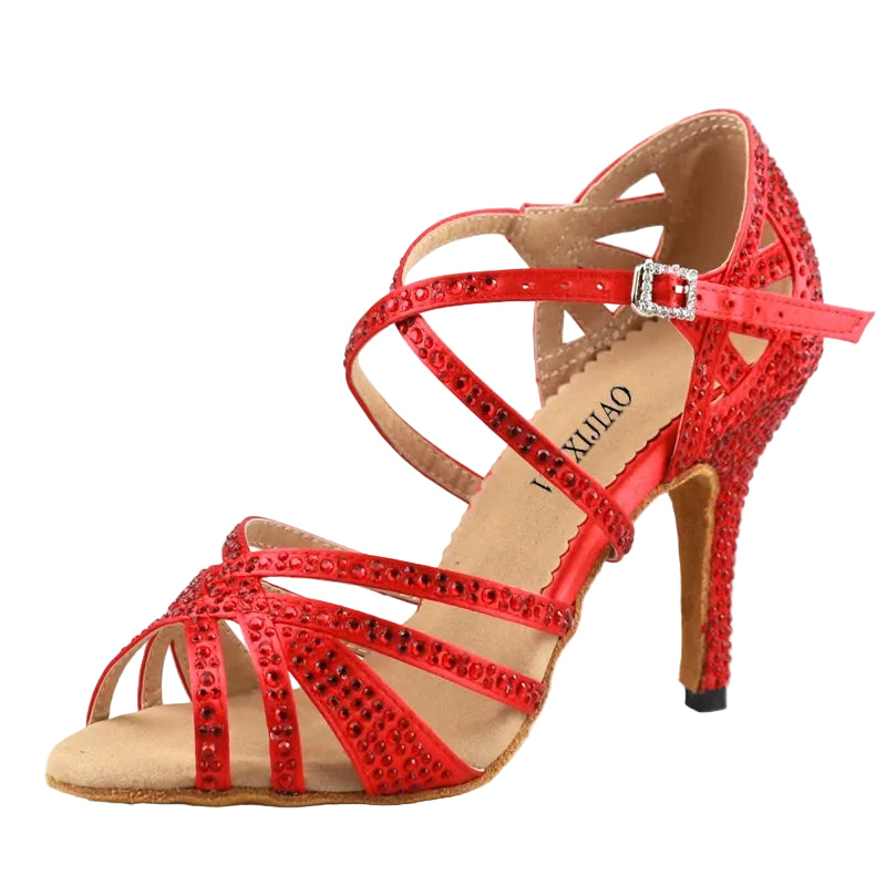 Red Rhinestone Latin Dance Heels | Satin | 6–10cm