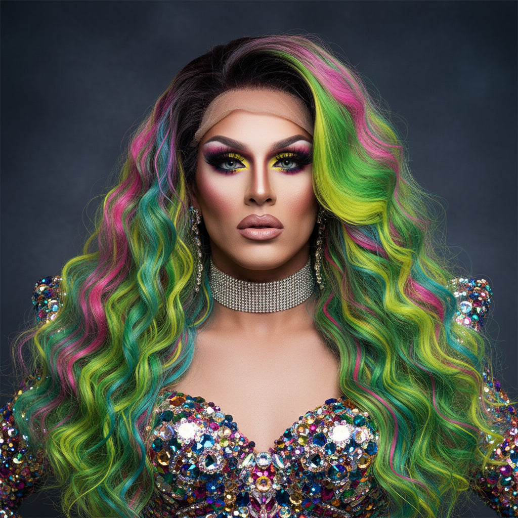 24" Rainbow Deep Wave Lace Front Wig – Multicolor Stage Wig