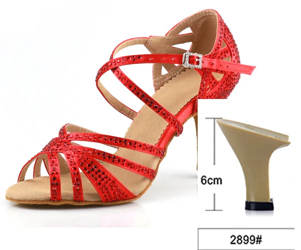 Red Rhinestone Latin Dance Heels | Satin | 6–10cm