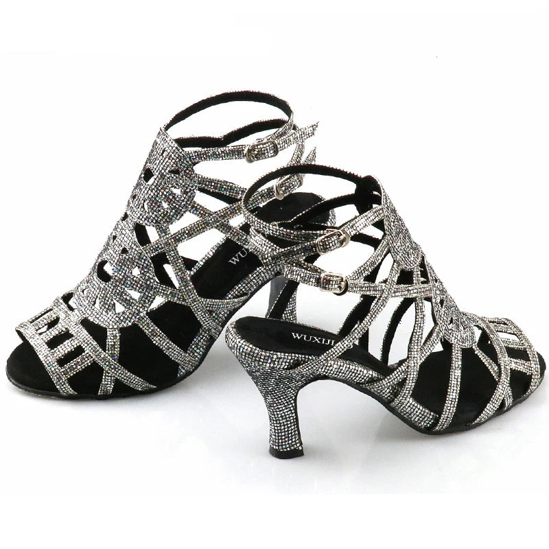 Rhinestone Cage Latin Dance Sandals | Cuban & Pointed Heel | 6–10cm