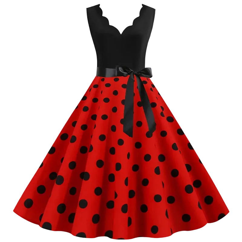 1950s Polka Dot Swing Dress | V-Neck | Bow Sash | 15 Colors