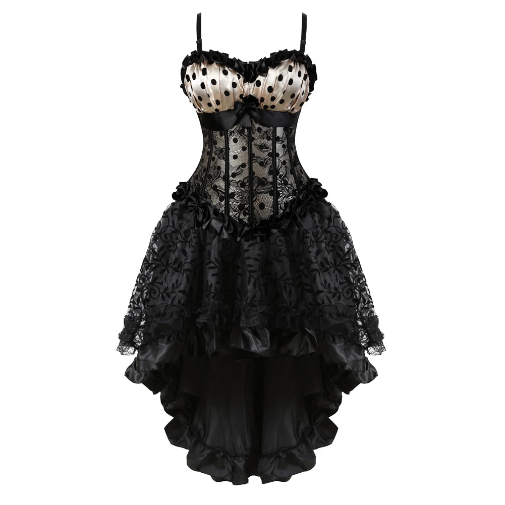 Floral Lace-Up Overbust Corset | Burlesque Set | Red & Champagne