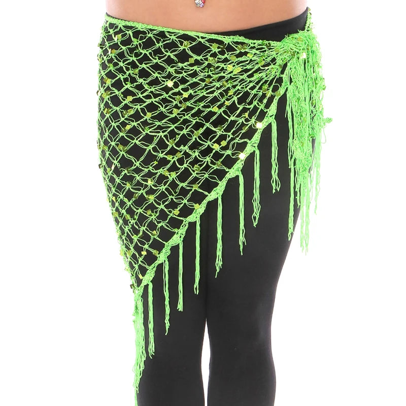 Sequin Belly Dance Hip Scarf - Shimmering Crochet Tassel Belt for Performance