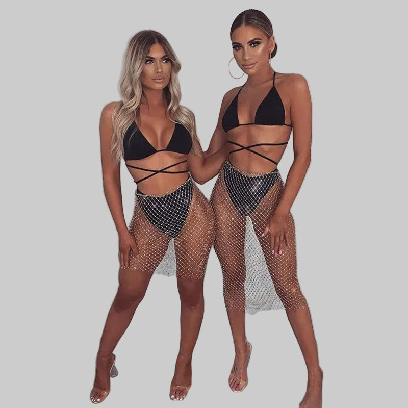 Rhinestone Fishnet Grid Midi Skirt - Sheer Empire Waist Skirt