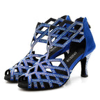 Rhinestone Cut-Out Latin Dance Sandals | Thin Heel | 6–10cm | Black & Blue