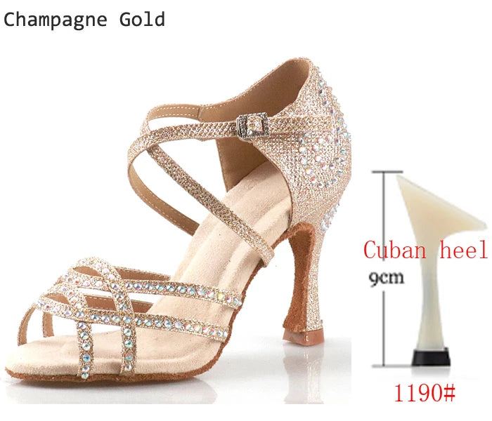 Women's Latin Dance Shoes | Satin Rhinestone | Multi Heel
