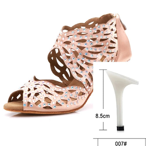 Rhinestone Latin Dance Heels | Cutout Satin | Multi-Height