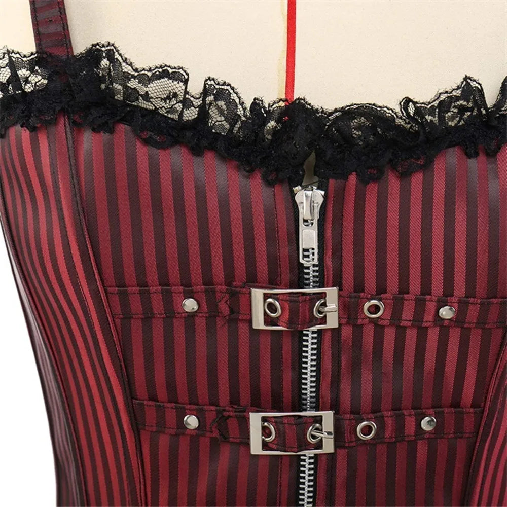 Striped Gothic Corset Top | Lace Overlay & Buckles