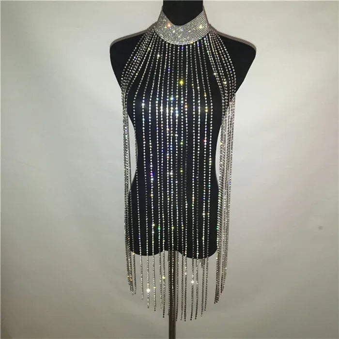 Rhinestone Tassel Long Tank Top - Turtleneck with Fringe