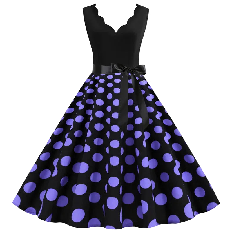 1950s Polka Dot Swing Dress | V-Neck | Bow Sash | 15 Colors