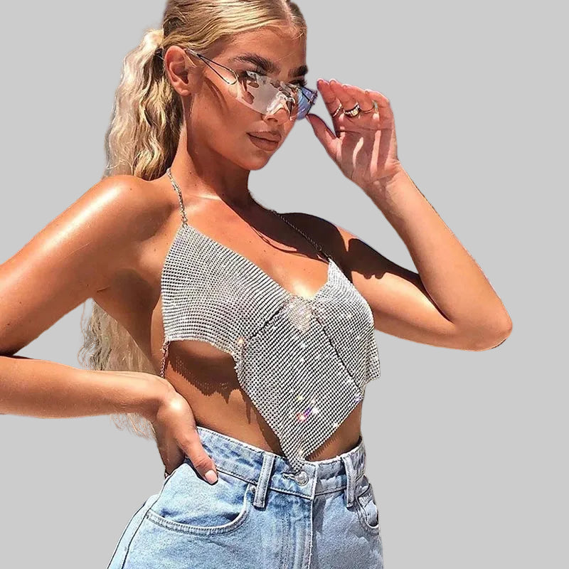 Rhinestone Halter Crop Top - Backless Metal Camisole for Festival & Stage