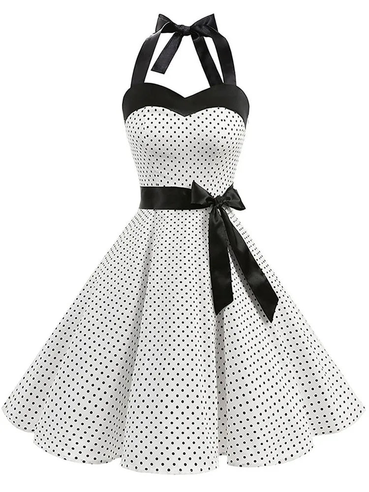 Vintage Halter Swing Dress | Polka Dot & Solid | 50s Rockabilly