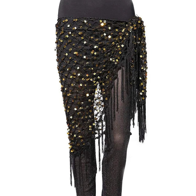 Sequin Belly Dance Hip Scarf - Shimmering Crochet Tassel Belt for Performance