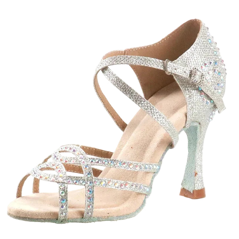 Women's Latin Dance Shoes | Satin Rhinestone | Multi Heel