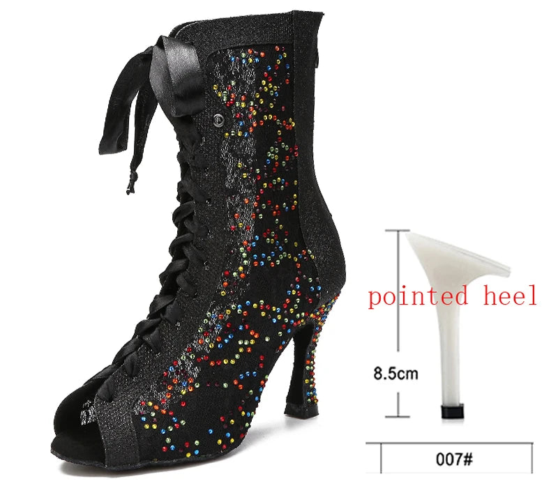 Sequin Mesh Latin Dance Boots | Peep Toe | Lace-Up Heel