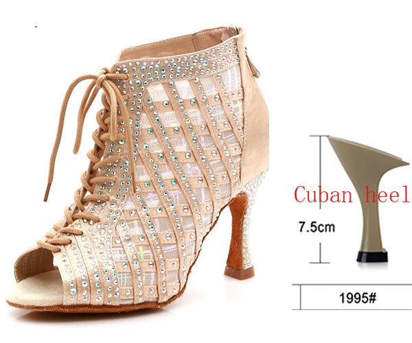 Rhinestone Mesh Dance Boot | Lace-Up | Multi-Heel