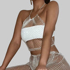 Bling Rhinestone Fishnet Crop Top - Adjustable Bandage Sheer Tank