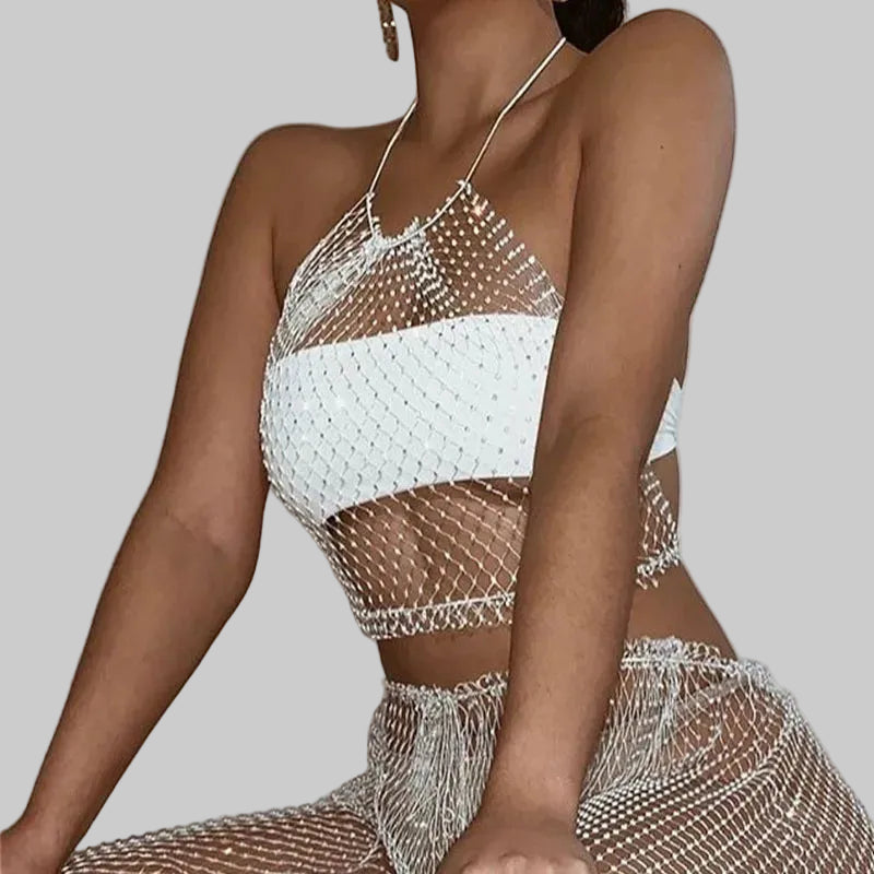 Bling Rhinestone Fishnet Crop Top - Adjustable Bandage Sheer Tank