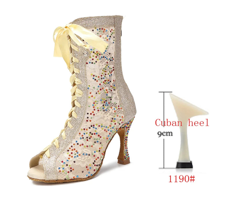 Sequin Mesh Latin Dance Boots | Peep Toe | Lace-Up Heel