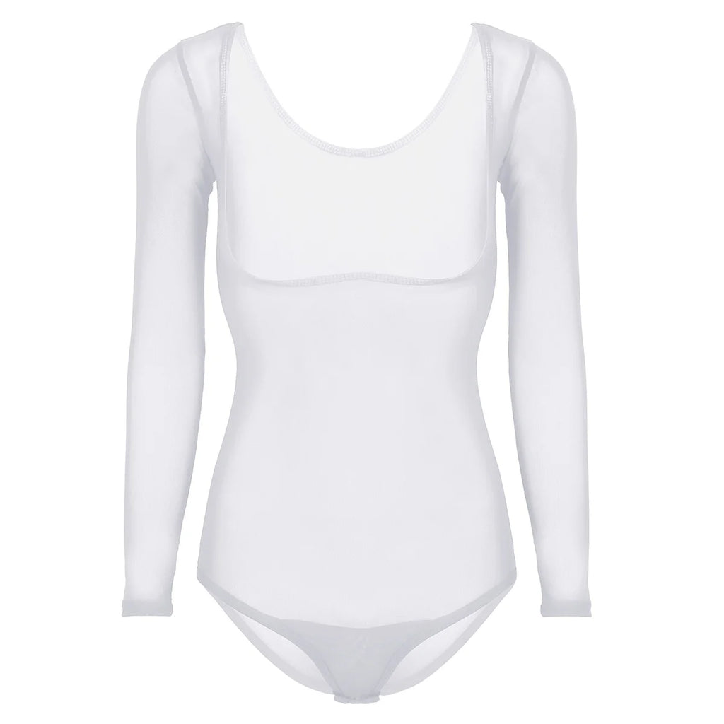 Women's Sheer Mesh Long-Sleeve Bodysuit | Open Bust & Snap Crotch | Dance & Performance Underlayer