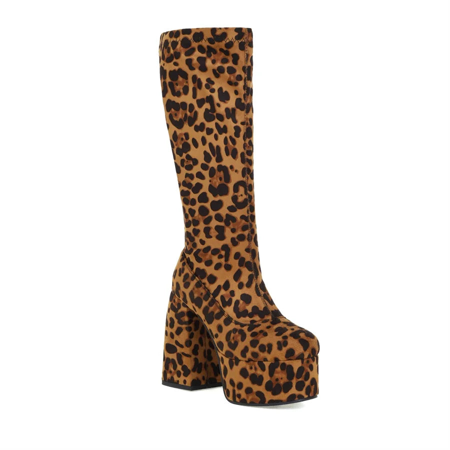 Leopard Platform Knee-High Boots — Square Heel Zip Boots