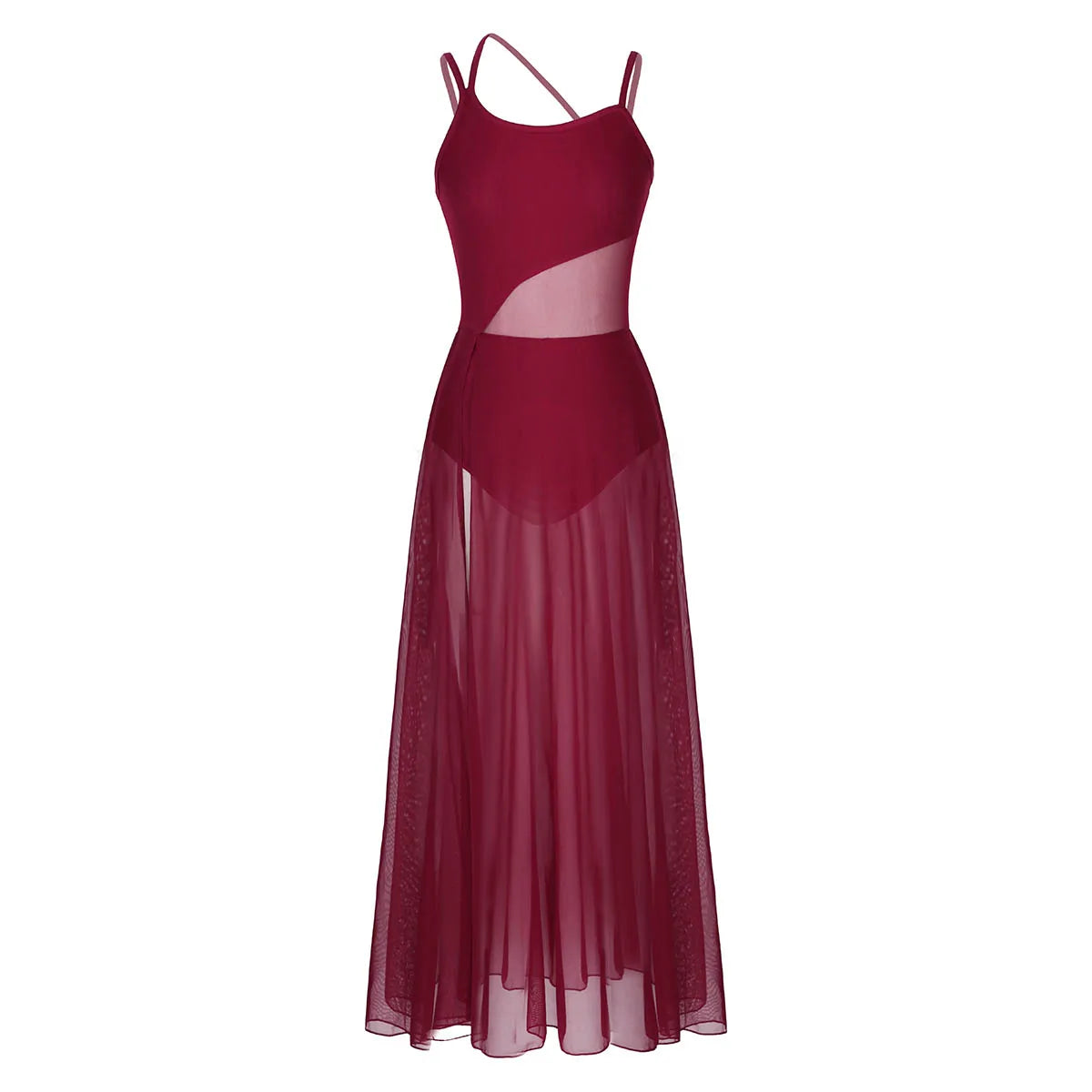 Women's Spaghetti Strap Lyrical Dance Dress | Built-In Leotard & Sheer Mesh Maxi Skirt | Front Slit