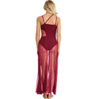Women's Spaghetti Strap Lyrical Dance Dress | Built-In Leotard & Sheer Mesh Maxi Skirt | Front Slit