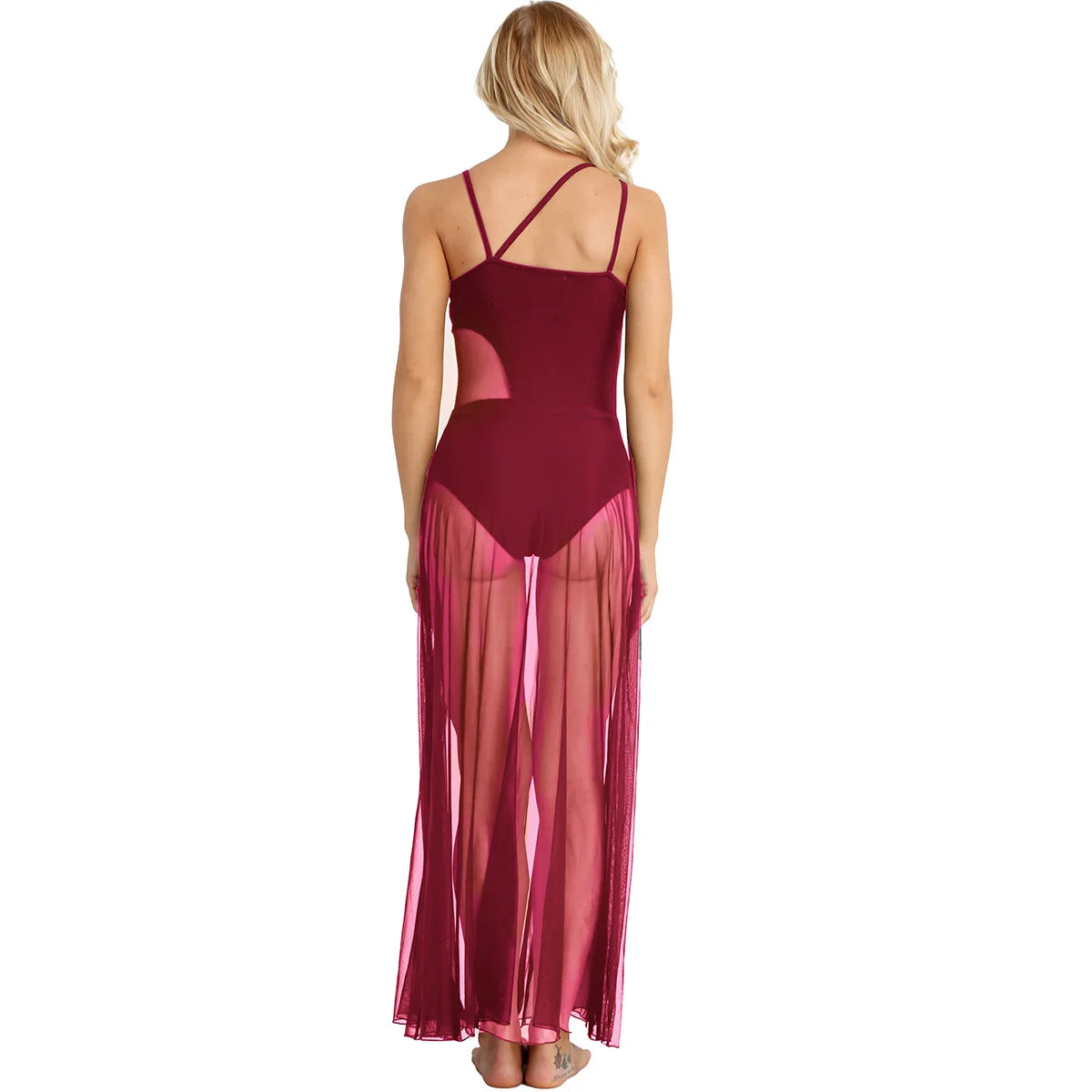 Women's Spaghetti Strap Lyrical Dance Dress | Built-In Leotard & Sheer Mesh Maxi Skirt | Front Slit