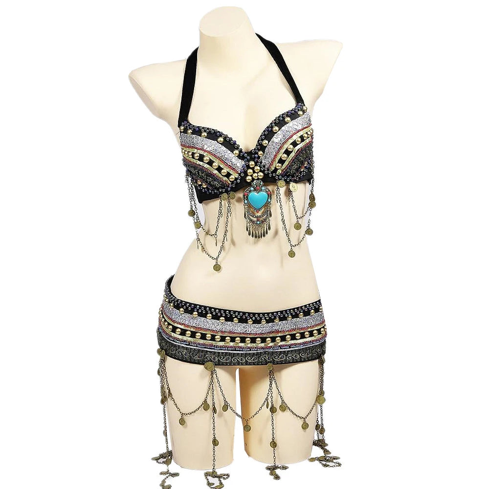 Tribal Belly Dance Costume | Beaded Bra & Belt Set | 2-Piece