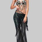 Sequin Belly Dance Hip Scarf - Shimmering Crochet Tassel Belt for Performance
