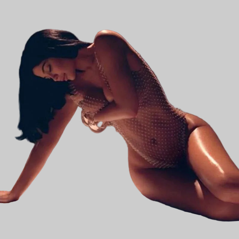 Rhinestone Fishnet Swimsuit Cover-Up - V-Neck See-Through Bodysuit