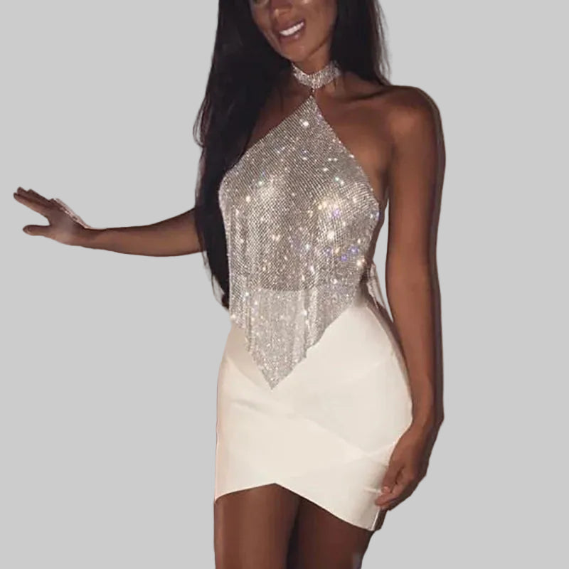 Crystal Rhinestone Halter Mesh Crop Top