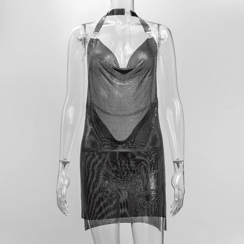 Sequin Halter Mini Dress - Backless with Side Split