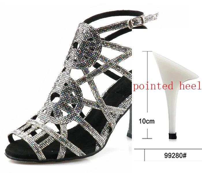 Rhinestone Cage Latin Dance Sandals | Cuban & Pointed Heel | 6–10cm