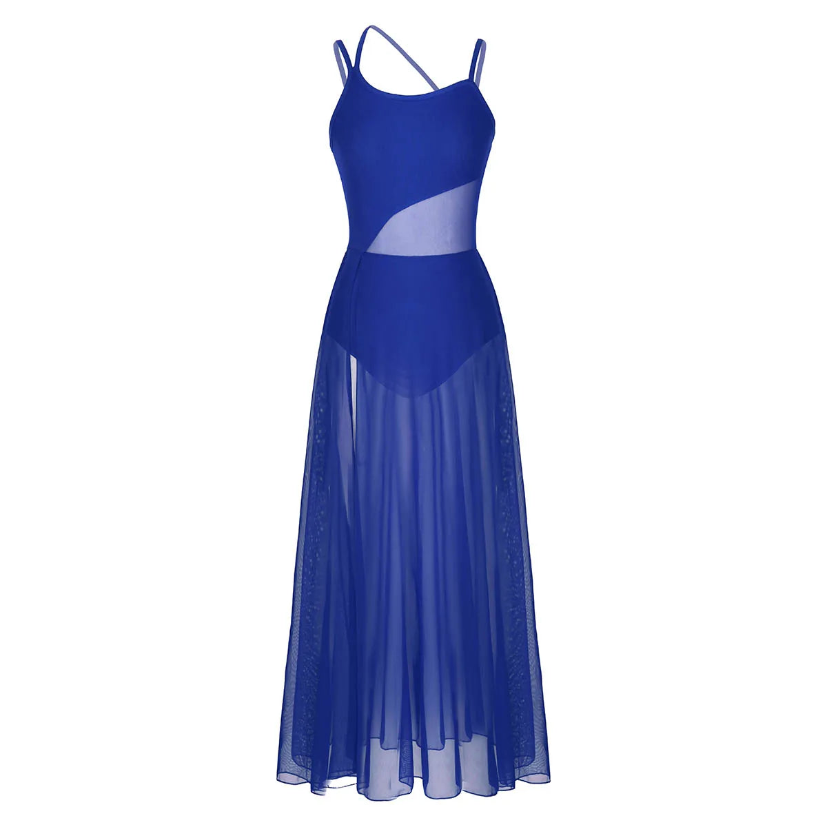 Women's Spaghetti Strap Lyrical Dance Dress | Built-In Leotard & Sheer Mesh Maxi Skirt | Front Slit
