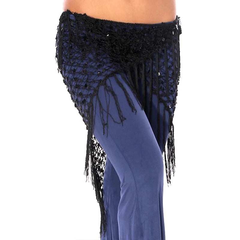 Sequin Belly Dance Hip Scarf - Shimmering Crochet Tassel Belt for Performance