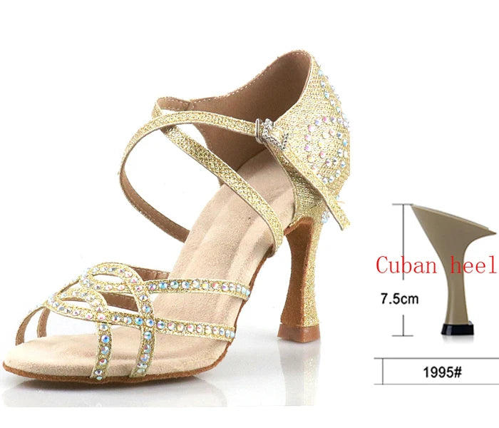 Women's Latin Dance Shoes | Satin Rhinestone | Multi Heel