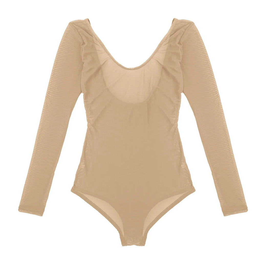 Women's Sheer Mesh Long-Sleeve Bodysuit | Open Bust & Snap Crotch | Dance & Performance Underlayer
