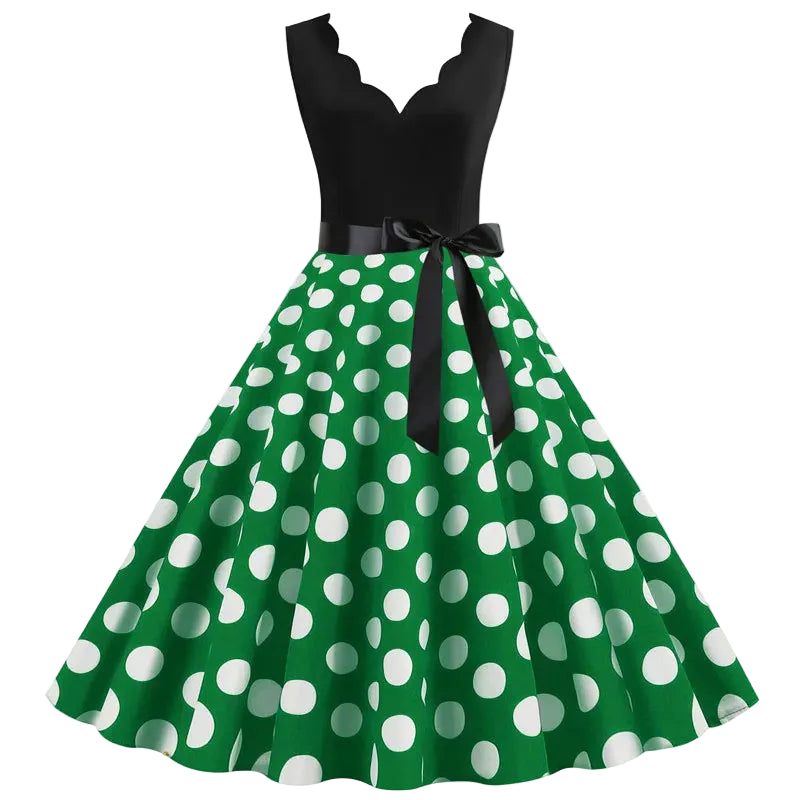 1950s Polka Dot Swing Dress | V-Neck | Bow Sash | 15 Colors