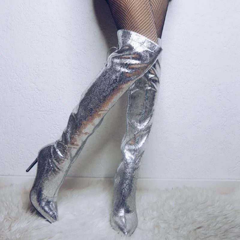 Silver Metallic Over-the-Knee Boots | 11–12 cm Heel