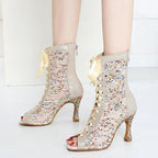Sequin Mesh Latin Dance Boots | Peep Toe | Lace-Up Heel