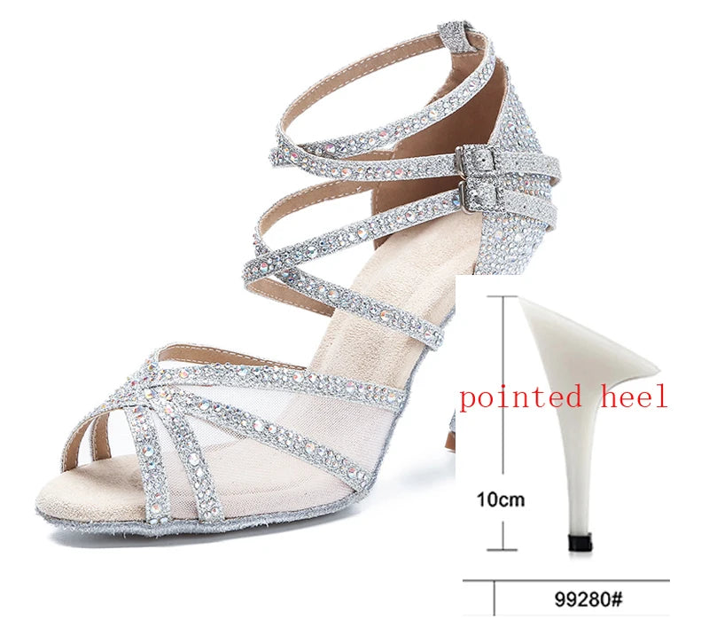 Silver Rhinestone Strappy Latin Heels | Satin | 6–10cm Stiletto