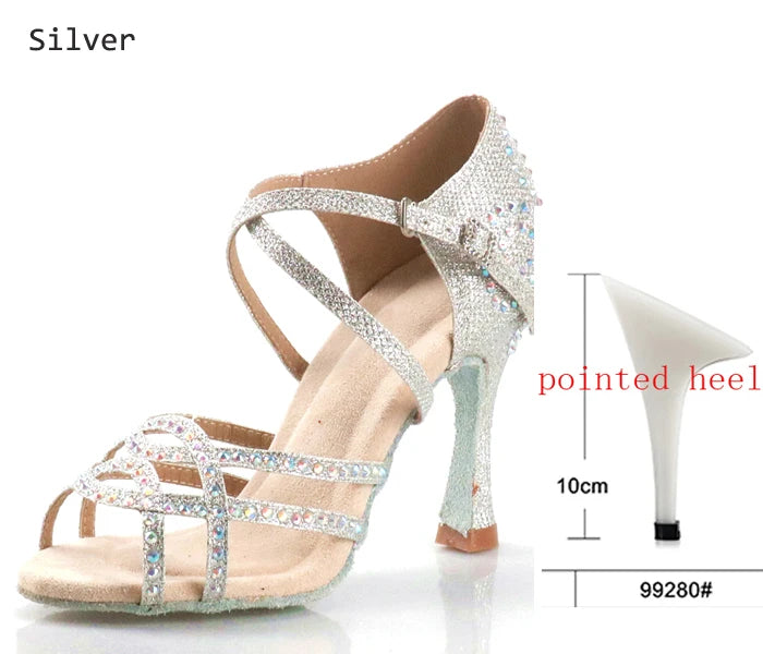 Women's Latin Dance Shoes | Satin Rhinestone | Multi Heel