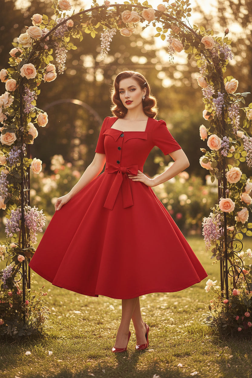 Vintage 50s A-Line Dress | Square Neck | Short Sleeve