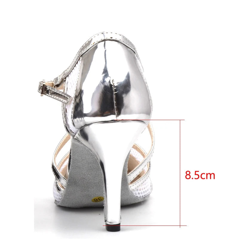 Mesh & Satin Latin Dance Sandal | Black & Silver | Multi Heel