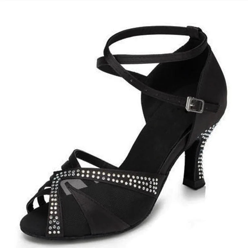 Rhinestone Satin Latin Dance Sandals | Thin Heel | 6–10cm | Black, Red & Orange