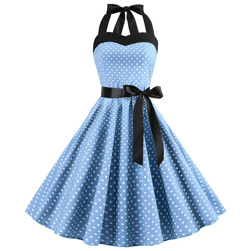 Vintage Halter Swing Dress | Polka Dot & Solid | 50s Rockabilly